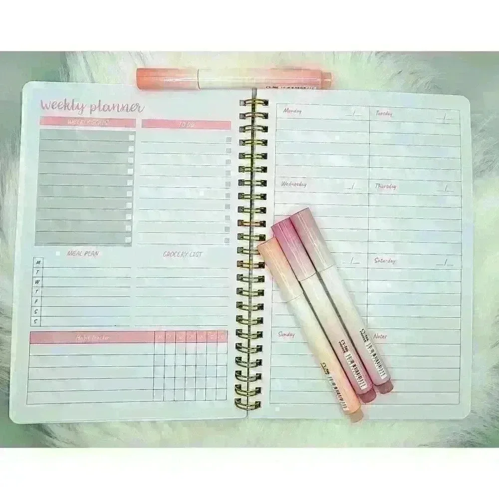 Weekly Planner and Pink Series Highlighter Pen Set Bundle